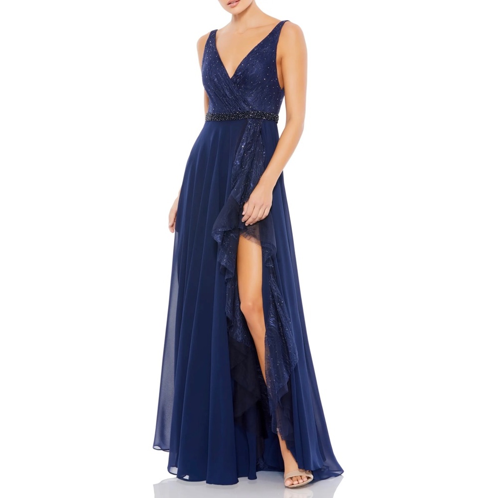 Mac Duggal 67482 Embellished Cascading Ruffle Lace Chiffon Gown